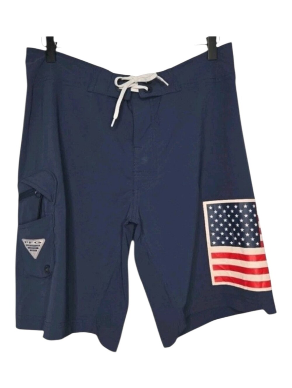 Columbia Mens PFG Outdoor Fishing Navy Blue American Flag Swim Trunks Size 32